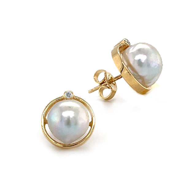 Estate 14K Yellow Gold Baroque Pearl and Diamond Stud Earrings