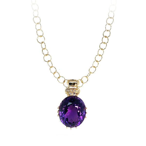 Estate 18K Yellow Gold Large Oval Amethyst and Diamond Pendant