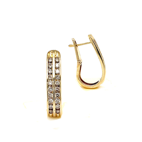 Estate 14K Yellow Gold 1.0ctw Double Row Diamond U Hoop Earrings