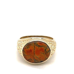 Vintage 10K Yellow Gold Oval Moss Agate Slice Textured Ring