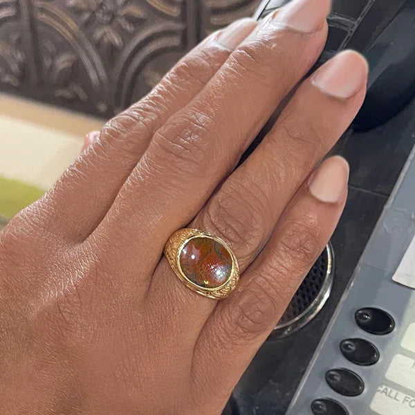 Vintage 10K Yellow Gold Oval Moss Agate Slice Textured Ring