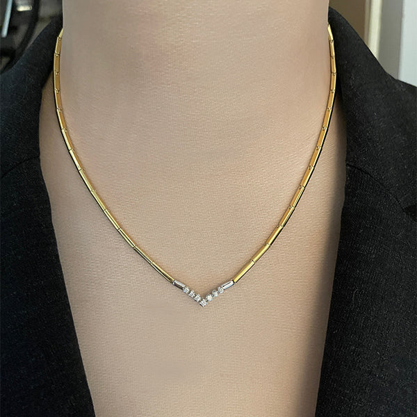 Estate 18K Two Tone Gold Diamond V Necklace