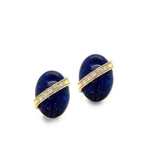Estate 18K Yellow Gold Lapis Lazuli and Diamond Omega Clip On Earrings