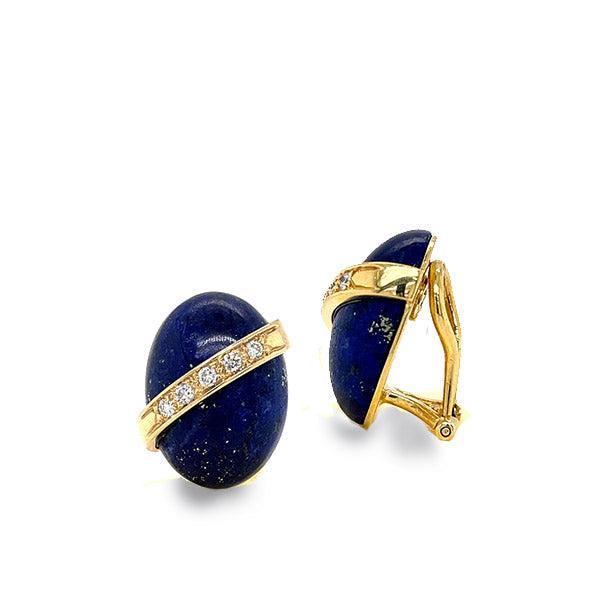 Estate 18K Yellow Gold Lapis Lazuli and Diamond Omega Clip On Earrings