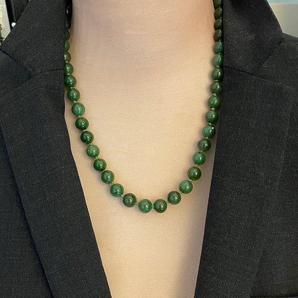 Vintage 20" Nephrite Jade Knotted Necklace with 14K Yellow Gold Clasp