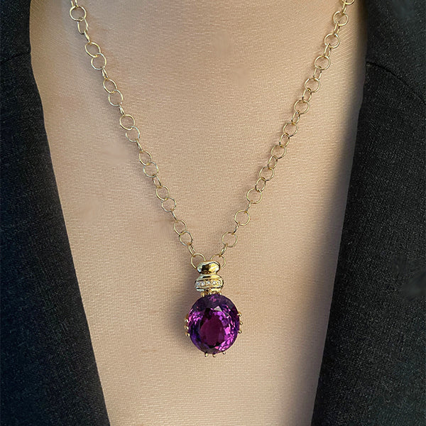 Estate 18K Yellow Gold Large Oval Amethyst and Diamond Pendant