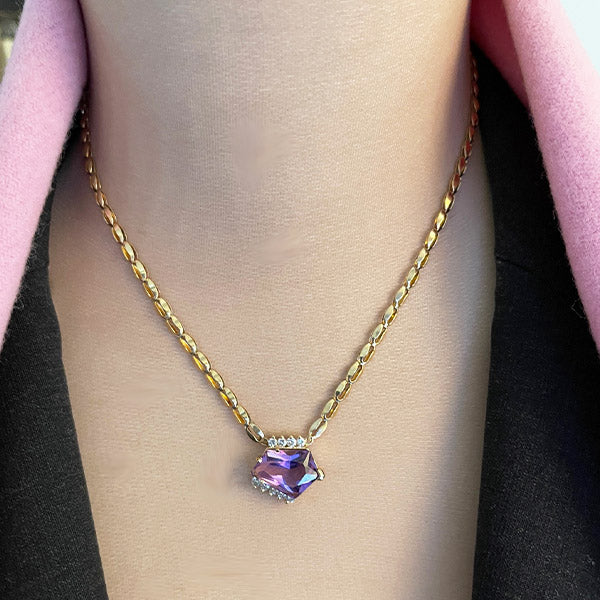 Estate 14K Yellow Gold Fancy-Cut Amethyst and Diamond Necklace