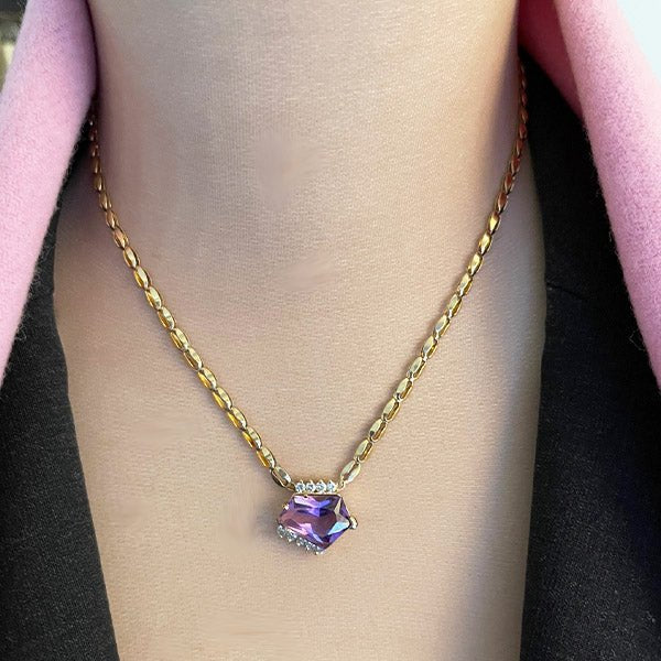Estate 14K Yellow Gold Fancy-Cut Amethyst and Diamond Necklace