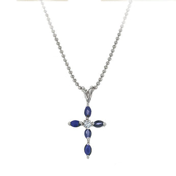 Estate 10K White Gold Sapphire and Diamond Cross Pendant