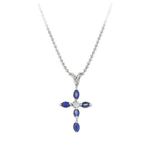 Estate 10K White Gold Sapphire and Diamond Cross Pendant