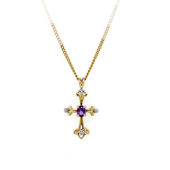 Estate 10K Yellow Gold Amethyst and Diamond Cross Pendant