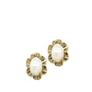 Estate 10K Yellow Gold White Opal Scalloped Floral Stud Earrings