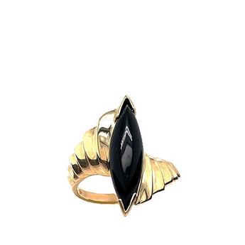 Vintage 10K Yellow Gold Marquise-Shaped Onyx Navette Ring with Ridges