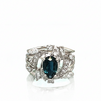 Estate 14K White Gold Teal Sapphire and Diamond Sculptural Cluster Ring