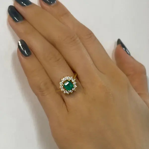 Estate 14K Yellow Gold Emerald and Diamond Sunburst Halo Ring