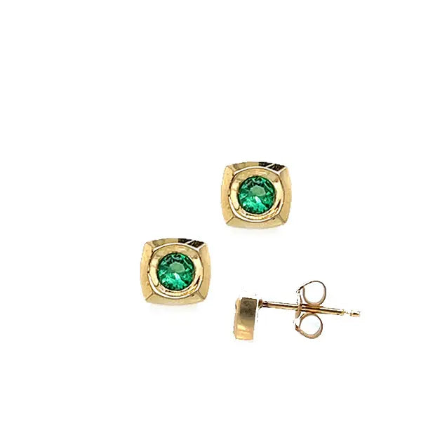 Estate 14K Yellow Gold Framed Natural Emerald Stud Earrings
