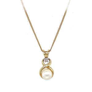 Estate 14K Yellow Gold Pearl and Diamond Infinity Pendant