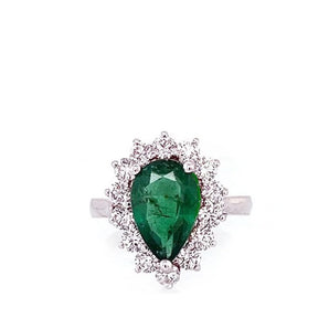 Estate 18K White Gold Natural Emerald and Diamond Pear Halo Cluster Ring