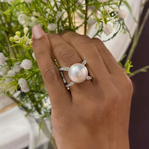 Estate 18K White Gold South Sea Pearl and Diamond Crossover Ring