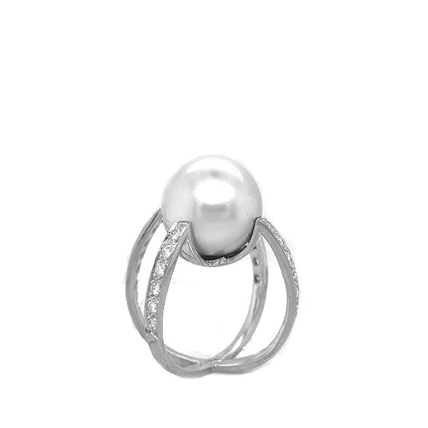 Estate 18K White Gold South Sea Pearl and Diamond Crossover Ring