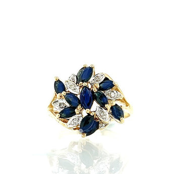 Estate 9K Yellow Gold Sapphire and Diamond Floral Swirl Cluster Ring
