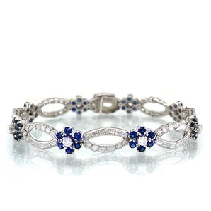 Estate Birks 18K White Gold Natural Diamond & Sapphire Floral Cluster Link Bracelet