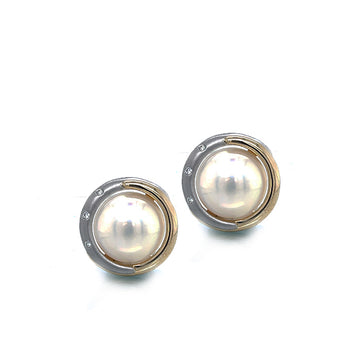 Estate Retro 14K Two Tone Gold Mabe Pearl and Diamond Button Stud Earrings