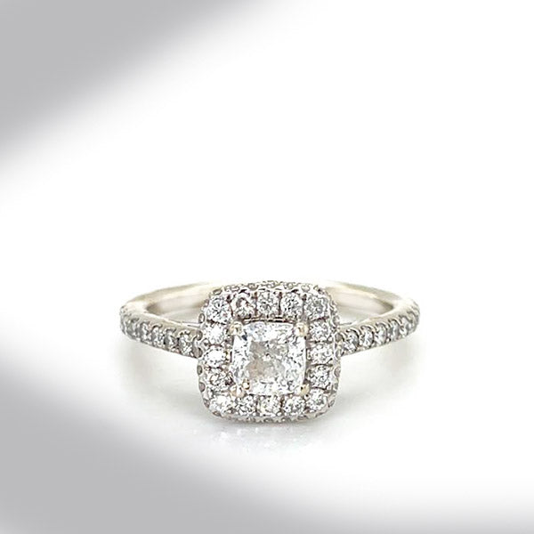 Estate 14K White Gold Cushion Cut Diamond Halo Engagement Ring