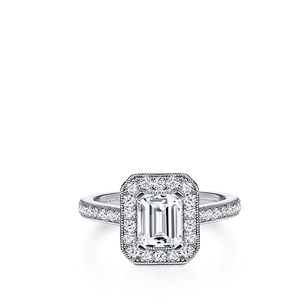 Gabriel & Co. 14k White Gold Emerald Cut Halo Diamond & Milgrain Engagement Ring