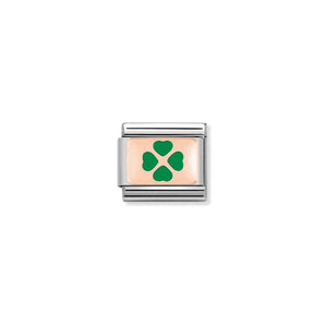 Nomination Italy Composable Classic PLATES in stainless steel with 9k rose gold and enamel Green Four-Leaf Clover