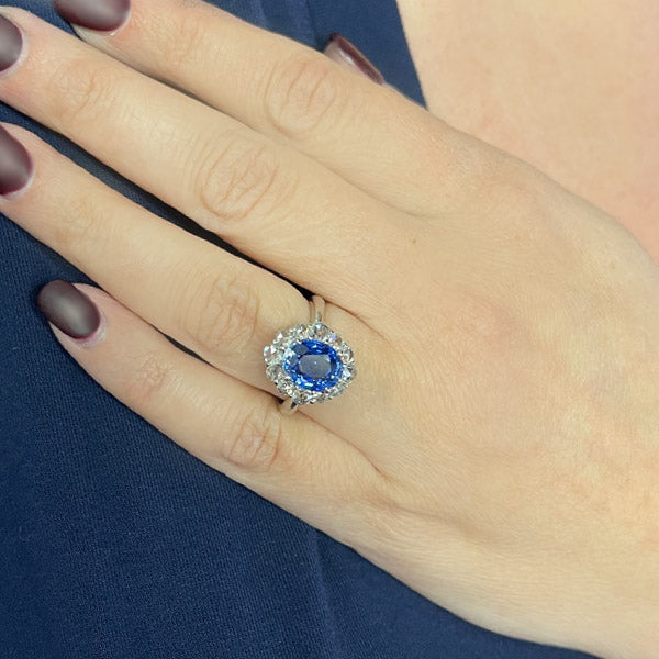 Platinum Oval Sapphire and Rose Cut Diamond Engagement Ring