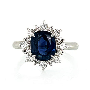Platinum Natural Sapphire and Diamond Halo Engagement Ring