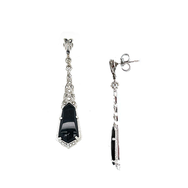 Estate Sterling Silver Onyx And Marcasite Drop Earrings