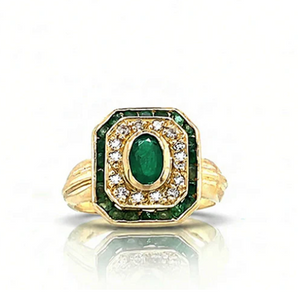 Estate 18K Yellow Gold Emerald and Diamond Art Deco Style Target Cluster Ring