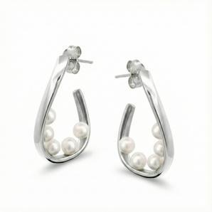 Sterling Silver Pearl 5 Pearl Hoop Earrings