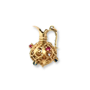 Vintage 10K Yellow Gold Filigree Gemstone Jug Pendant Charm