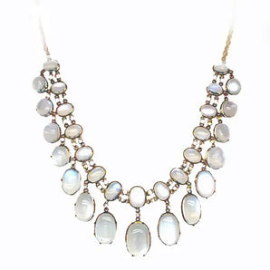 Upcycled Vintage Art Deco 12-14K Yellow Gold Moonstone Fringe Necklace