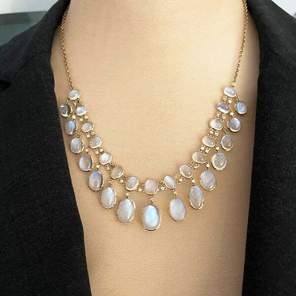 Upcycled Vintage Art Deco 12-14K Yellow Gold Moonstone Fringe Necklace