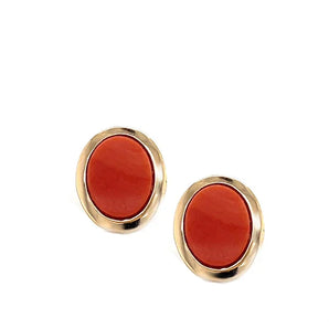 Vintage 14K Yellow Gold Oval Coral Slice Stud Earrings