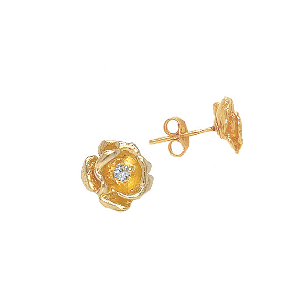 Vintage 14K Yellow Gold Diamond Rose Stud Earrings