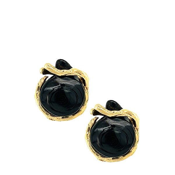 Vintage 14K Yellow Gold Black Coral Asymmetric Freeform Stud Earrings