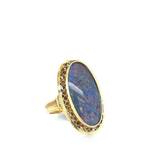 Vintage 18K Yellow Gold Faux Opal Filigree Shield Ring