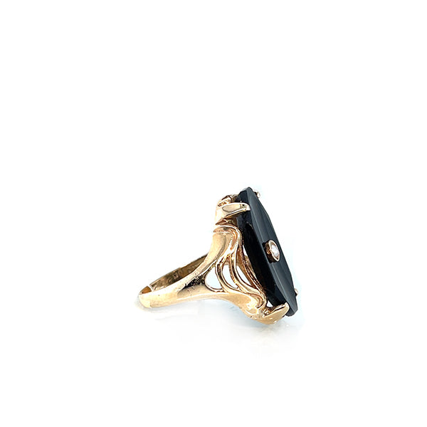 Vintage Art Deco 10K Yellow Gold Onyx and Seed Pearl Statement Ring 