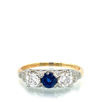 Vintage 14K Two-Tone Gold Sapphire and Diamond Three-Stone Ring