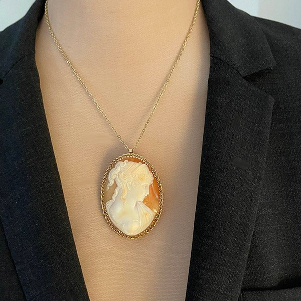 Vintage 14K Yellow Gold Hand-Carved Shell Cameo Brooch & Pendant