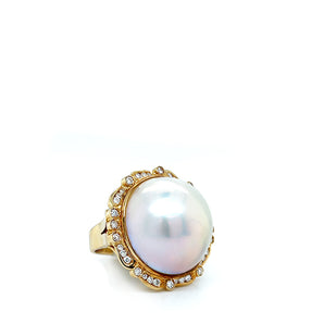 Vintage 18K Yellow Gold Mabe Pearl and Diamond Halo Cocktail Ring