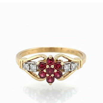 Vintage Estate 10K Yellow Gold Ruby and Diamond Floral Cluster Ring