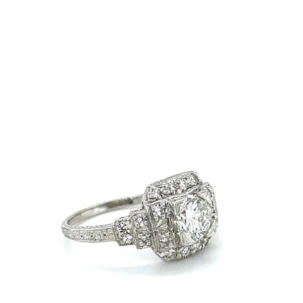 Antique Art Deco Platinum 1.30ctw Diamond Halo Ring with Engraving and Milgrain Detailing