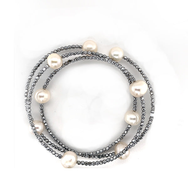 Hematite And Freshwater Pearl Flex Bracelets In Three Colors
