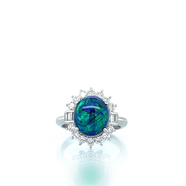 Platinum Black Opal and Diamond Sunburst Halo Ring